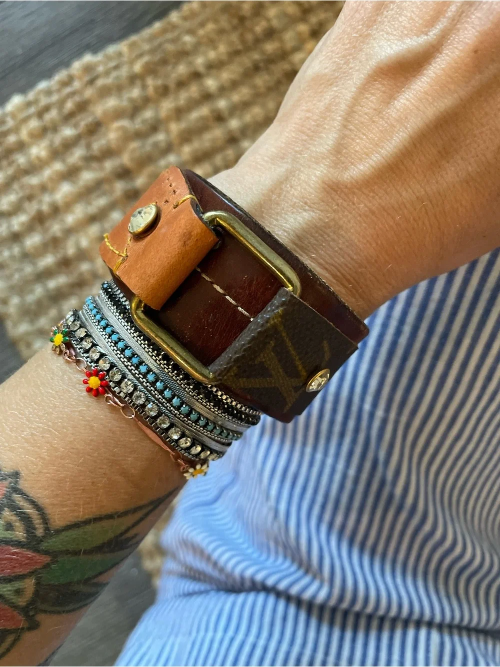 Leather Wrap Bracelet with Brass Buckle - Tan & Brown upcycled from an LV BAG